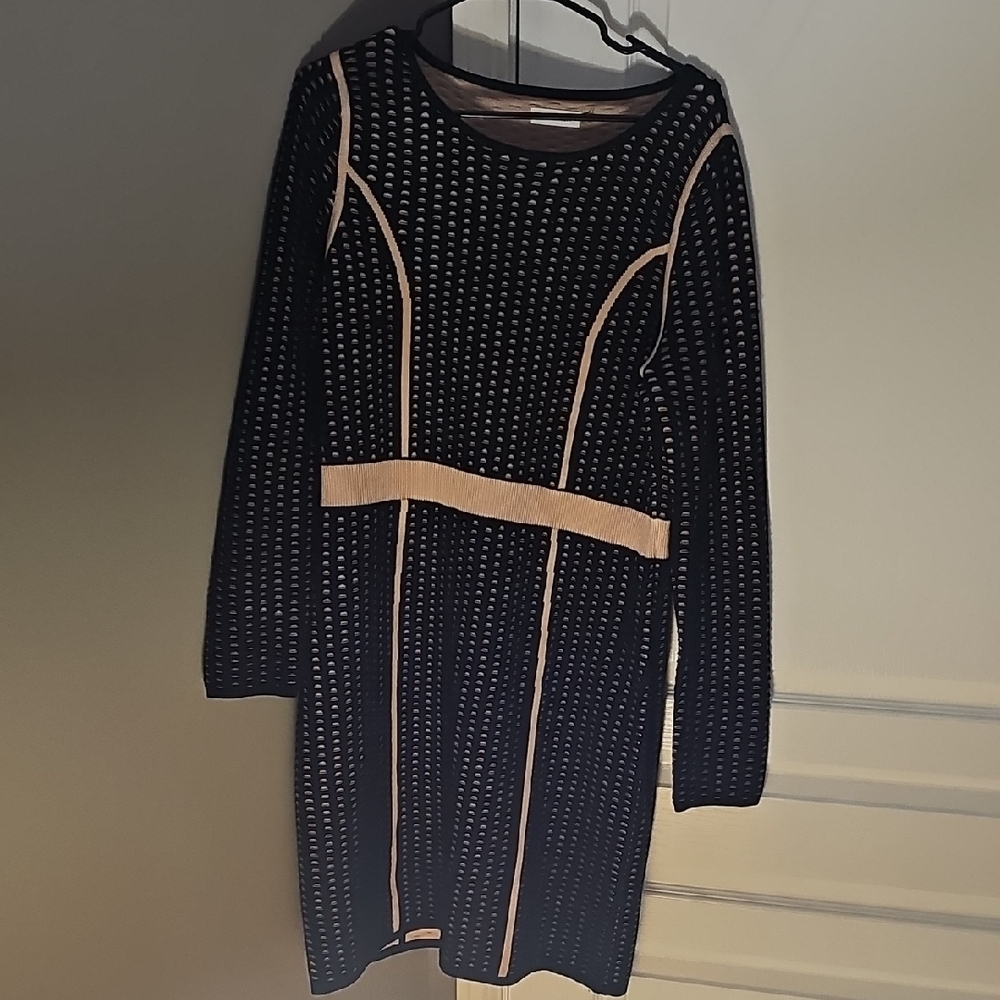 Calvin Klein Black and Cream Long Sleeve Dress